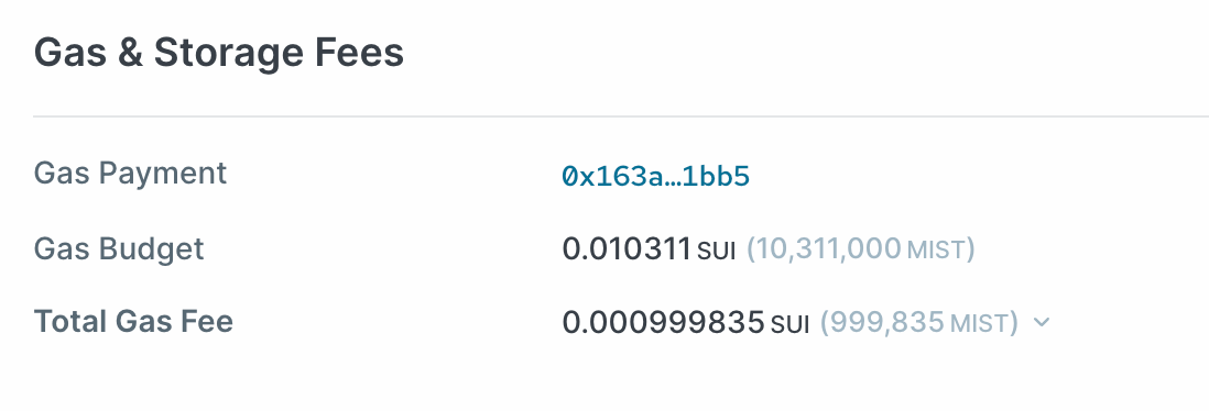 Gas Fees displayed on a Sui network explorer